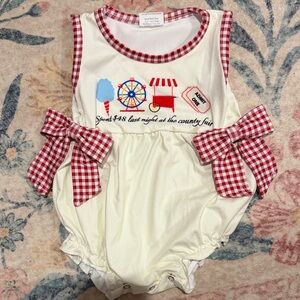 Cute Cream and Red Baby Romper with Gingham Bows - county fair